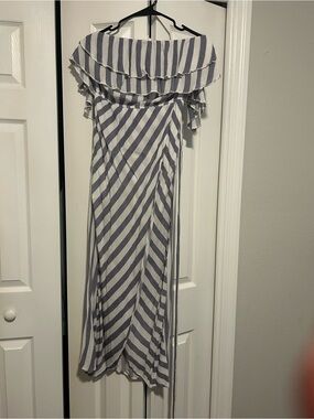 Hayden White and Navy Striped Off-Shoulder Dress